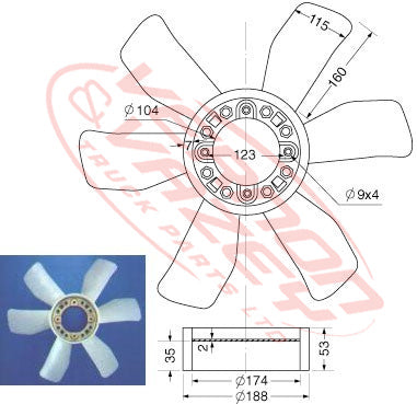 HN-FAN-H06C - FAN BLADE - 6 BLADE - 520MM - HINO H06C