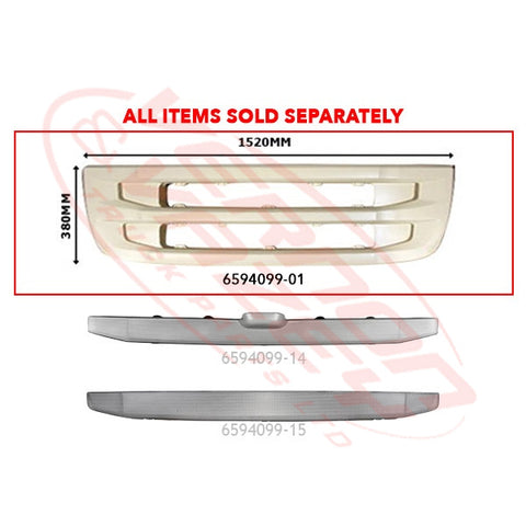 6594099-01 - GRILLE PANEL - LOWER (FITS BETWEEN HEADLAMPS) - 1520x380mm - SCANIA R / G TRUCK - 2009- LOW BUMPER